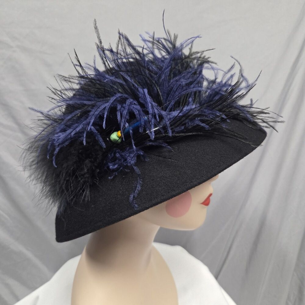 Queen Of Hats Mushroom Hat Black Felted Wool Ostrich Feathers USA